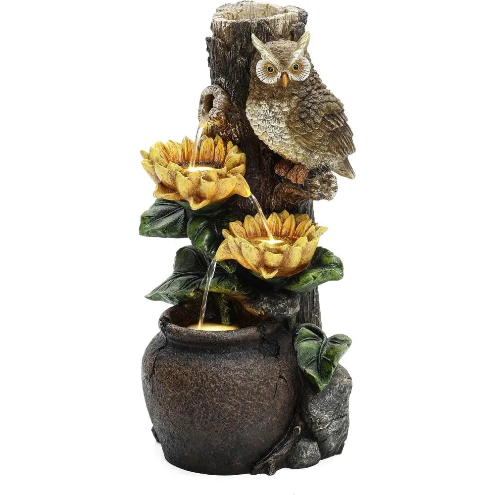 LuxenHome 28 Inch Tall Outdoor Water Fountain, Owl and Sunflower Cascading Waterfall Fountain Outdoor and Indoor with LED Lights