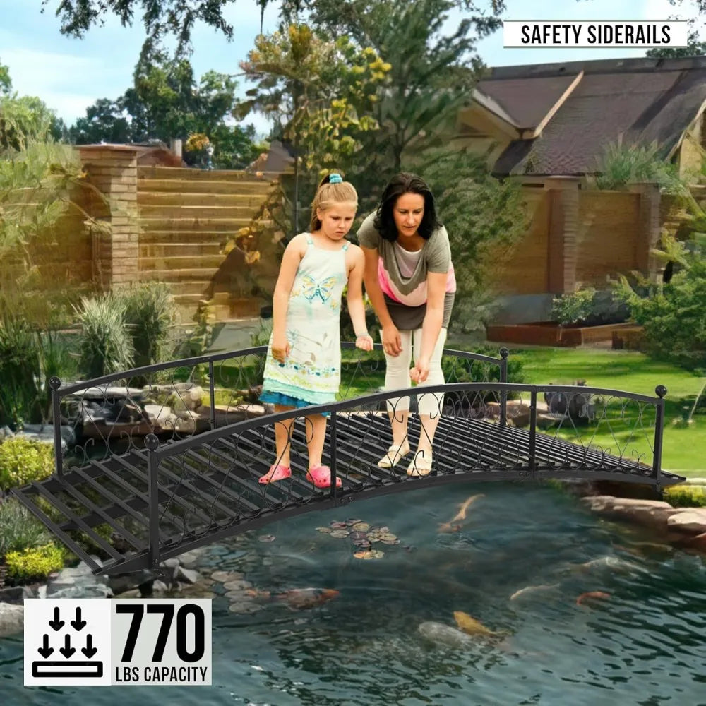 Metal Garden Bridge 8 FT - Durable Decorative Footbridge with Siderails Large Outdoor Bridges