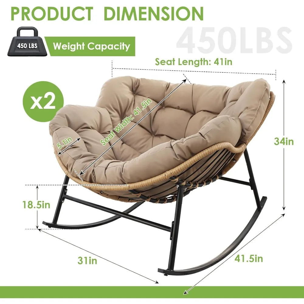 2 pcs Rocking Egg Chair, Indoor Outdoor Oversized Lounge Chair, Wicker Papasan Rocker with Water Resistant Cushion Cover, 450 l