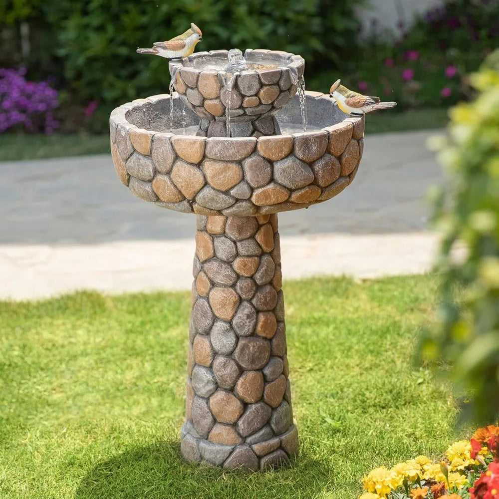 2-Tier Stone Like Outdoor Water Fountain with Birds, Bird Bath Outdoor Waterfall Fountain Decor, Freestanding Water Fountains w