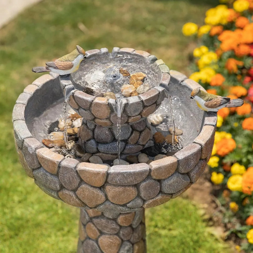 2-Tier Stone Like Outdoor Water Fountain with Birds, Bird Bath Outdoor Waterfall Fountain Decor, Freestanding Water Fountains w