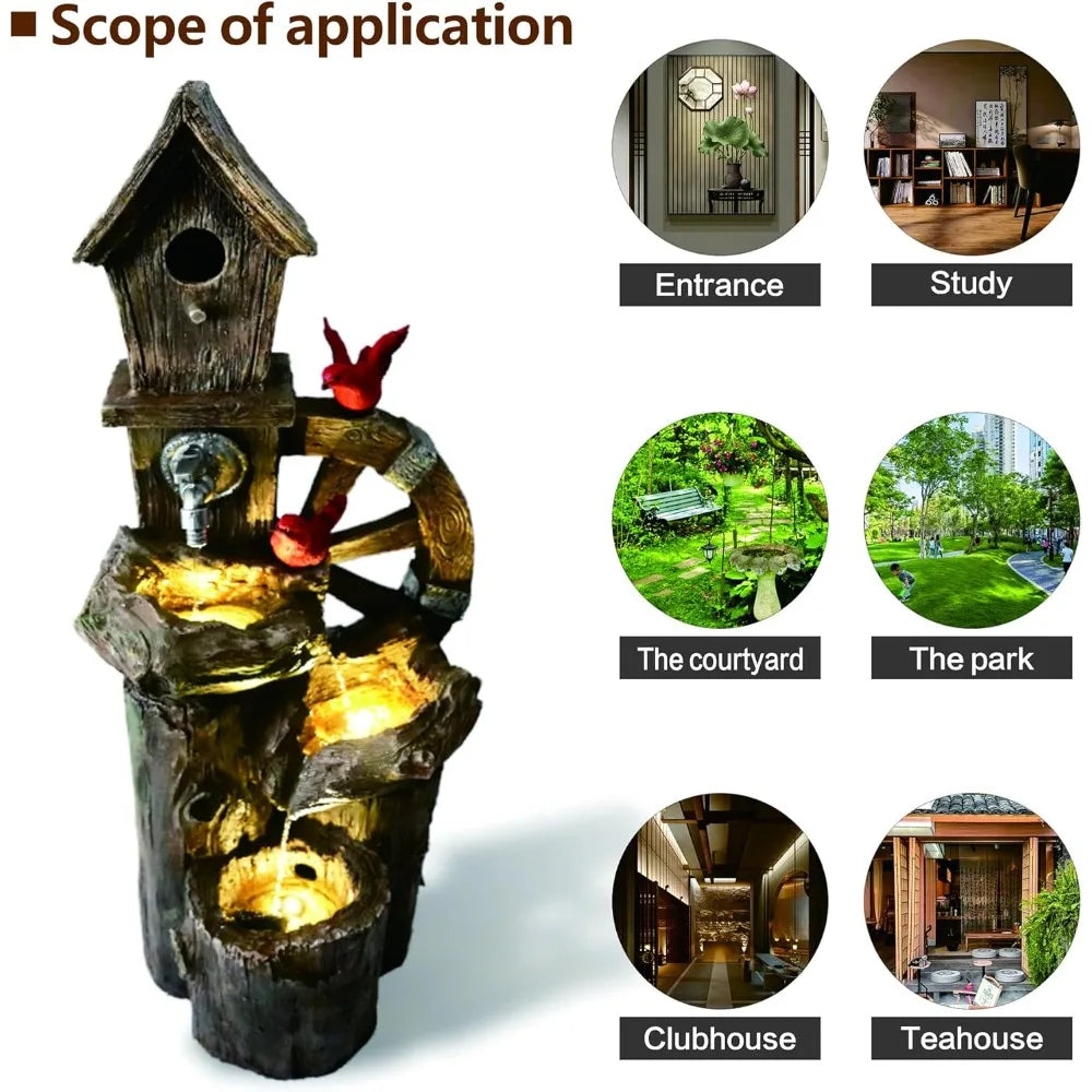 Decorative Garden Birdhouse Three Tier Water Fountain Outdoor with LED Lights and Water Wheel
