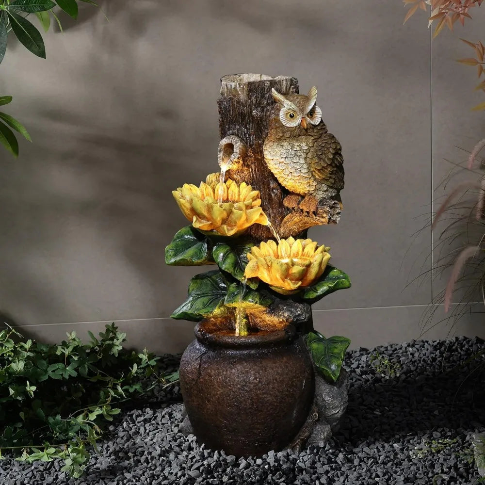 LuxenHome 28 Inch Tall Outdoor Water Fountain, Owl and Sunflower Cascading Waterfall Fountain Outdoor and Indoor with LED Lights