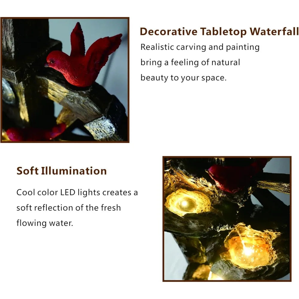 Decorative Garden Birdhouse Three Tier Water Fountain Outdoor with LED Lights and Water Wheel