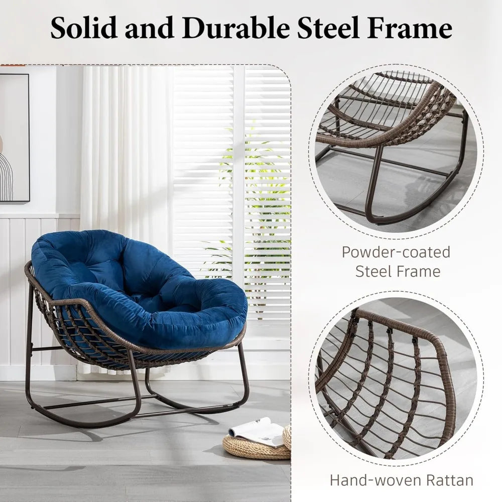 Large Indoor Outdoor Rocking Chair, Oversized Rocking Papasan Chair with Thick Cushion and Frame Outdoor Rocker, Comfy Wicker Eg