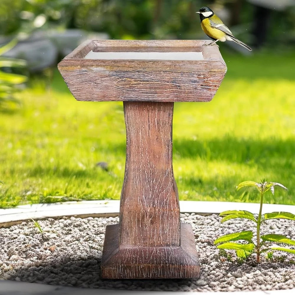 23.2" H Rustic Birdbath Freestanding Square Bird Bath with Faux Wood Finish Garden Lawn Backyard Patio Porch Decor