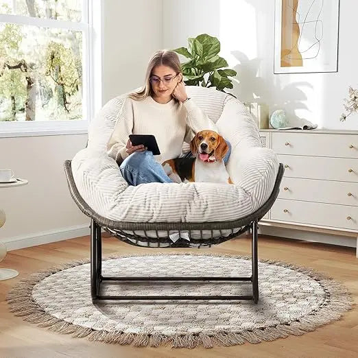 Large Indoor Outdoor Rocking Chair, Oversized Rocking Papasan Chair with Thick Cushion and Frame Outdoor Rocker, Comfy Wicker Eg