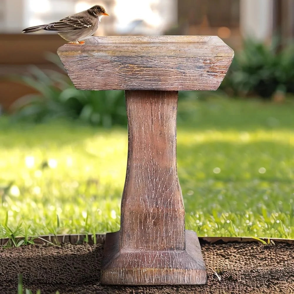 23.2" H Rustic Birdbath Freestanding Square Bird Bath with Faux Wood Finish Garden Lawn Backyard Patio Porch Decor