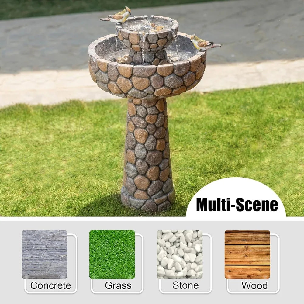 2-Tier Stone Like Outdoor Water Fountain with Birds, Bird Bath Outdoor Waterfall Fountain Decor, Freestanding Water Fountains w