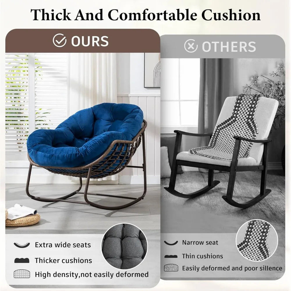 Large Indoor Outdoor Rocking Chair, Oversized Rocking Papasan Chair with Thick Cushion and Frame Outdoor Rocker, Comfy Wicker Eg