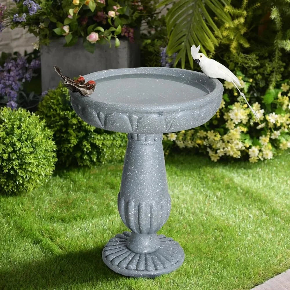 Outdoor Pedestal Bird Bath 21.2 Inch Durable Fiber Reinforced Concrete Stylish Garden Decor Water Source Birds Backyard Lawn