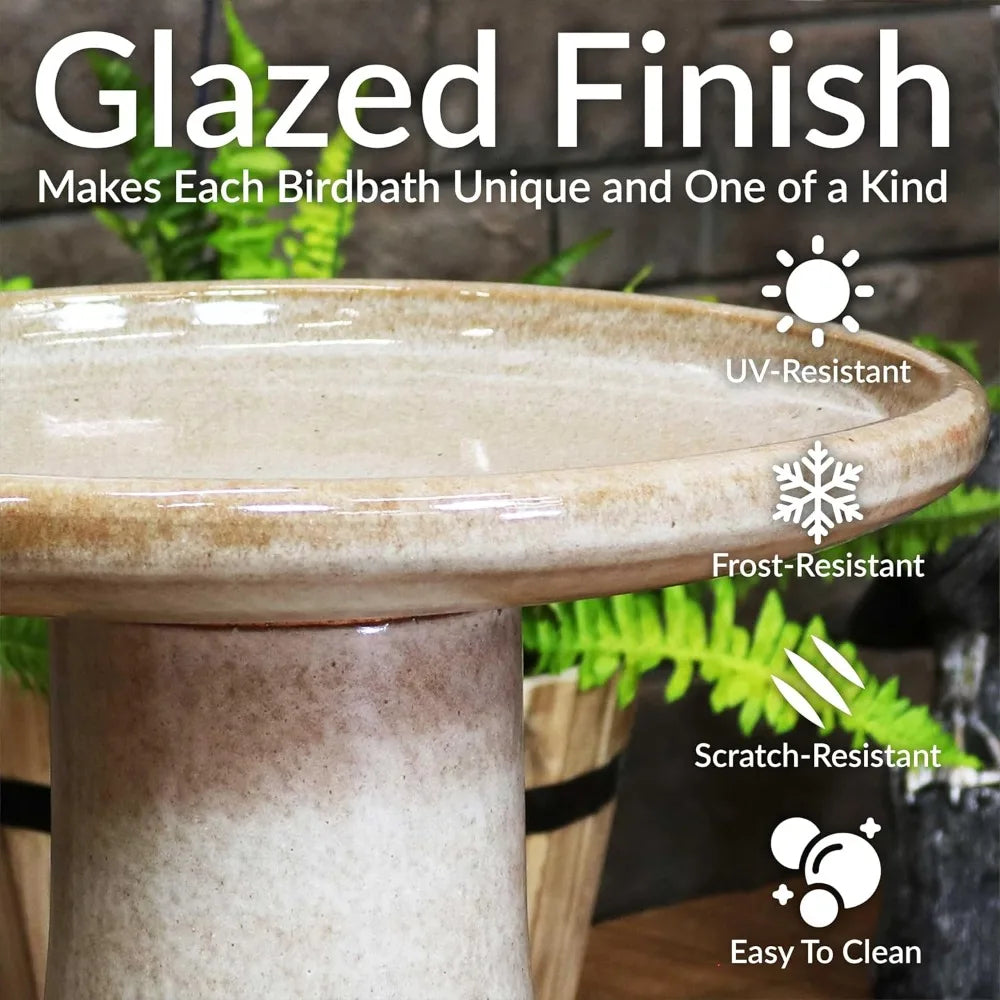 Sunnydaze 21" H Ceramic Bird Bath for Outside - Hand-Painted Outdoor Bird Bath Bowl, UV/Frost-Resistant Finish - Yam - Ribbed Pe