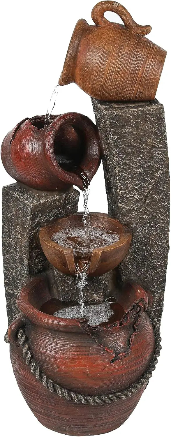 32 Inch Farmhouse Water Fountain Outdoor with Lights, Cascading and Garden Water Feature Decor