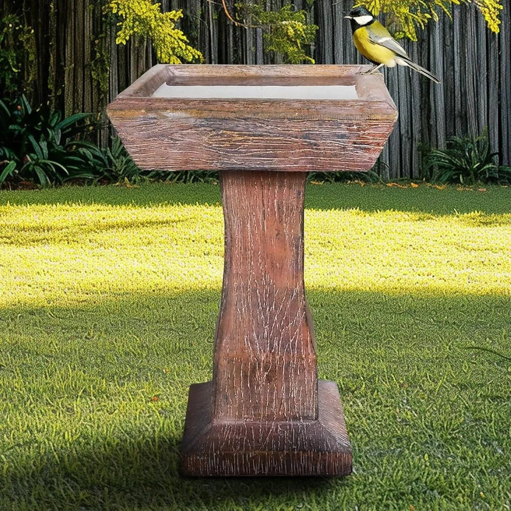 23.2" H Rustic Birdbath Freestanding Square Bird Bath with Faux Wood Finish Garden Lawn Backyard Patio Porch Decor