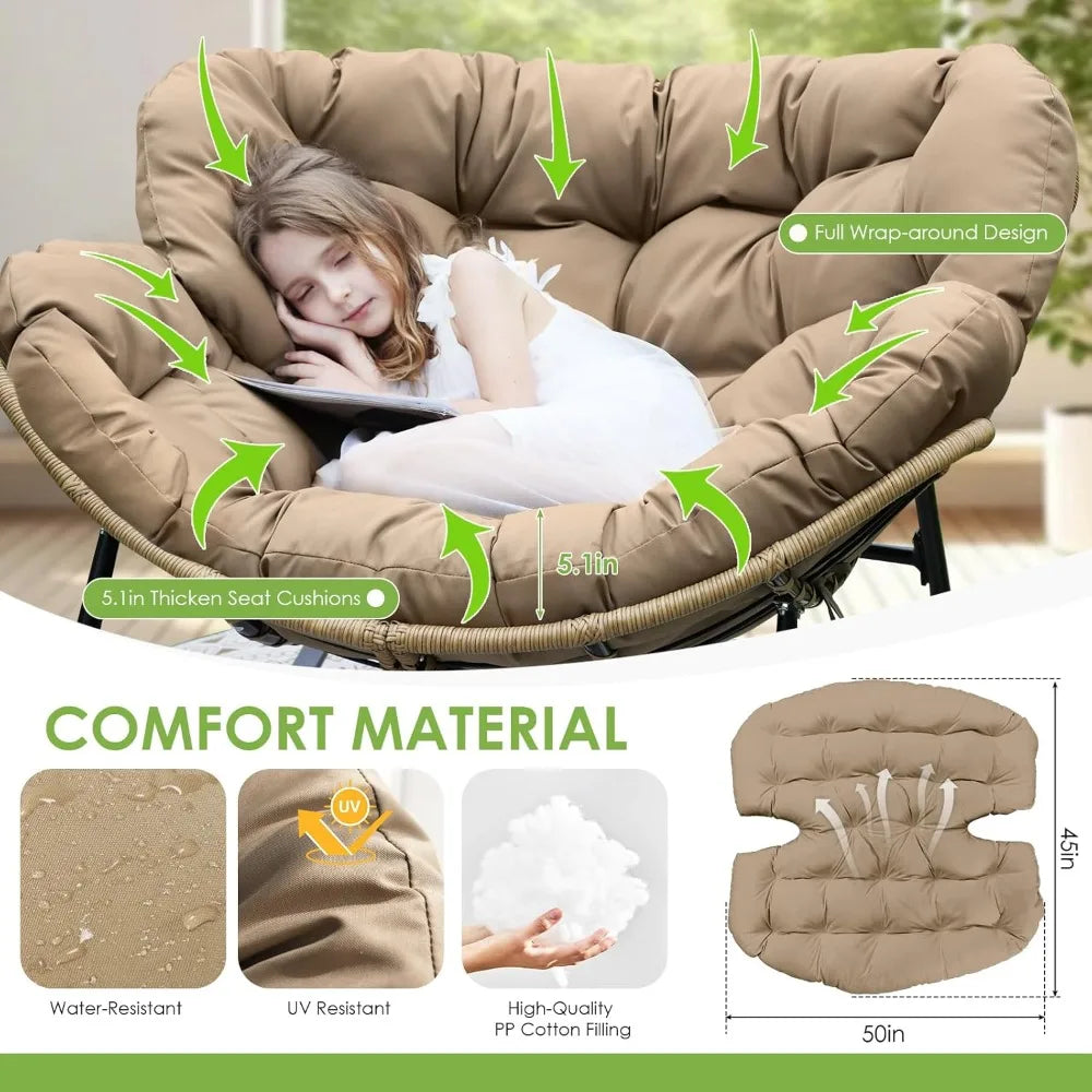 2 pcs Rocking Egg Chair, Indoor Outdoor Oversized Lounge Chair, Wicker Papasan Rocker with Water Resistant Cushion Cover, 450 l
