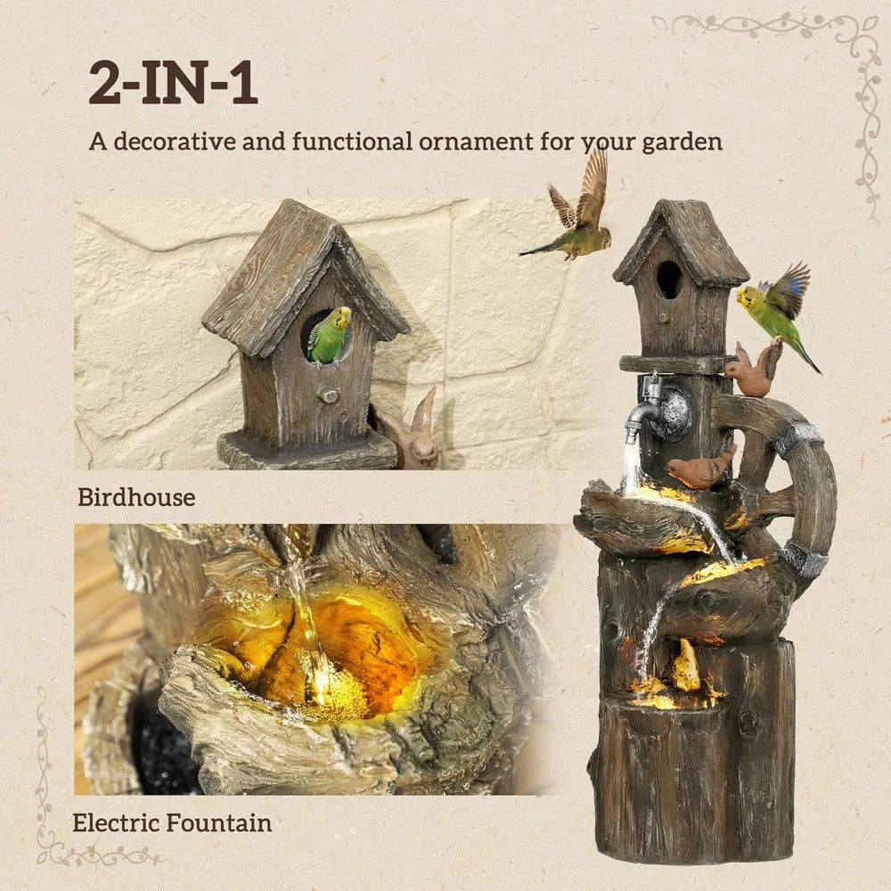Outdoor Water Fountain, Decorative Garden Birdhouse, 3-Tier Cascading Waterfall with LED Lights and Water Wheel, Soothing Tranq
