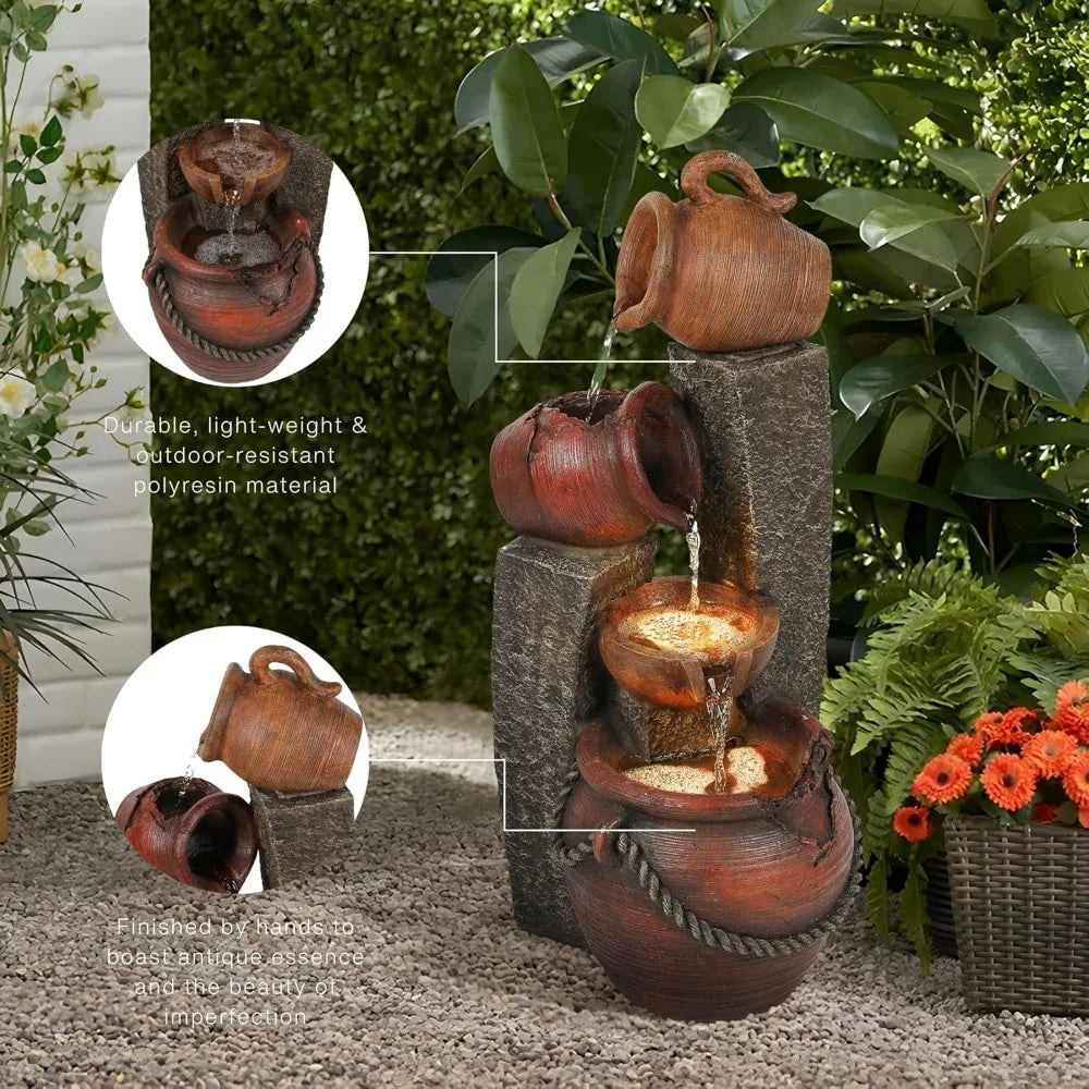 32 Inch Farmhouse Water Fountain Outdoor with Lights, Cascading and Garden Water Feature Decor