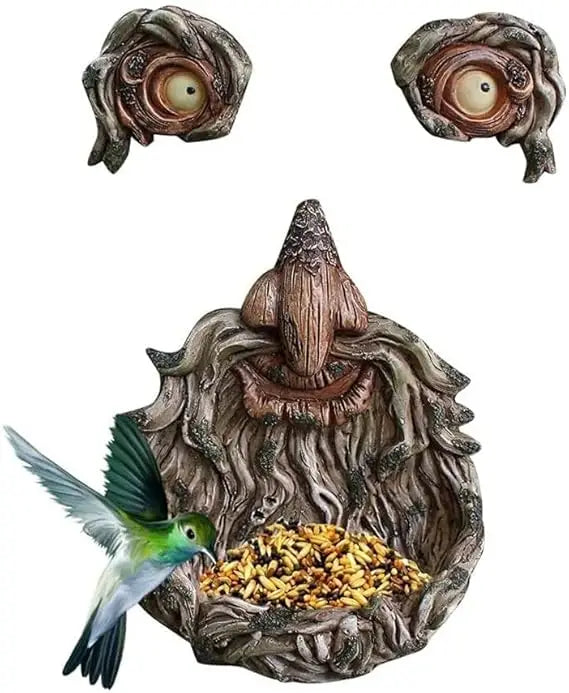 Funny Tree Face Resin Luminous Outdoor Bird Feeder Sculpture Decoration Hanging Wild Bird Feeder Yard Art Garden Decor Can be Us
