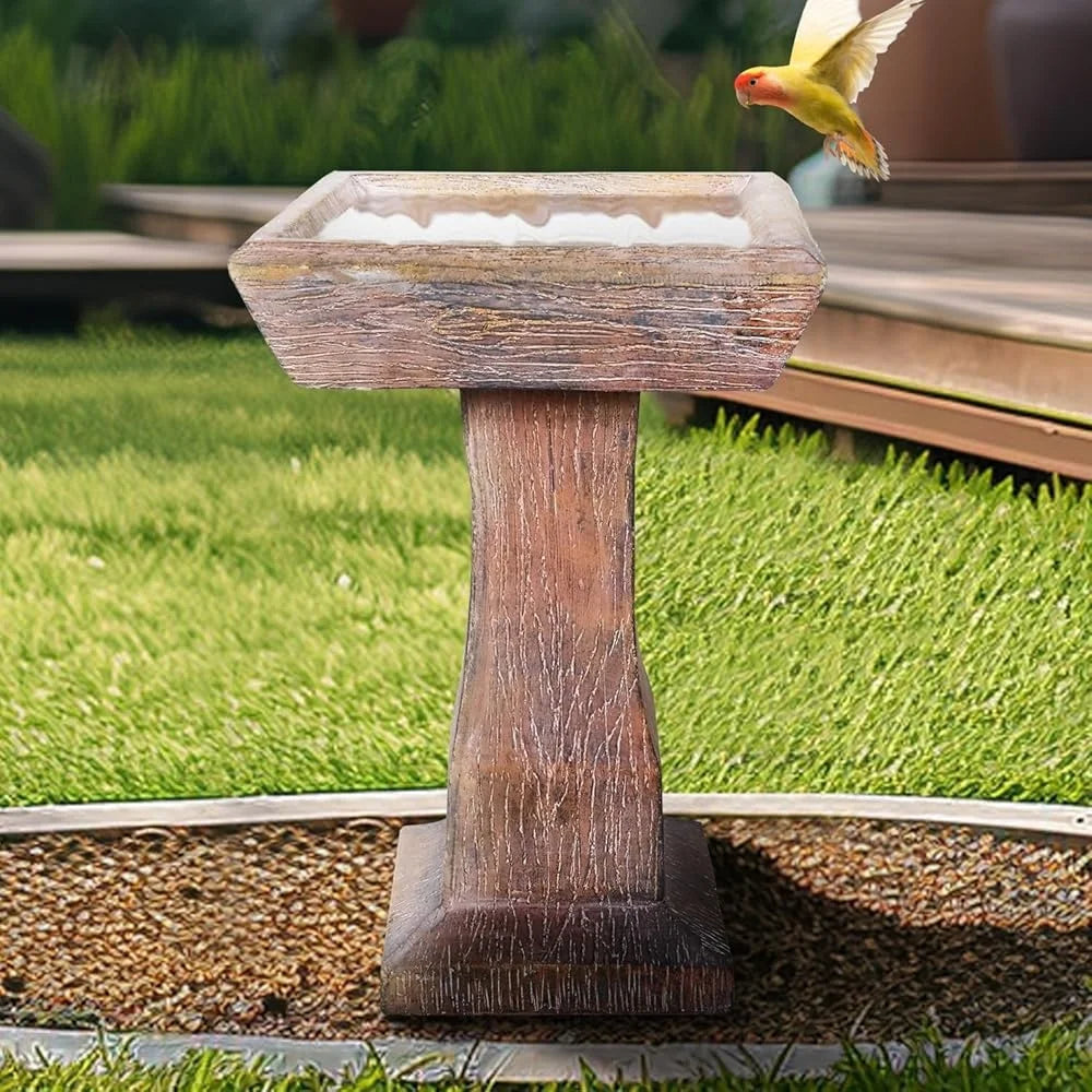 23.2" H Rustic Birdbath Freestanding Square Bird Bath with Faux Wood Finish Garden Lawn Backyard Patio Porch Decor