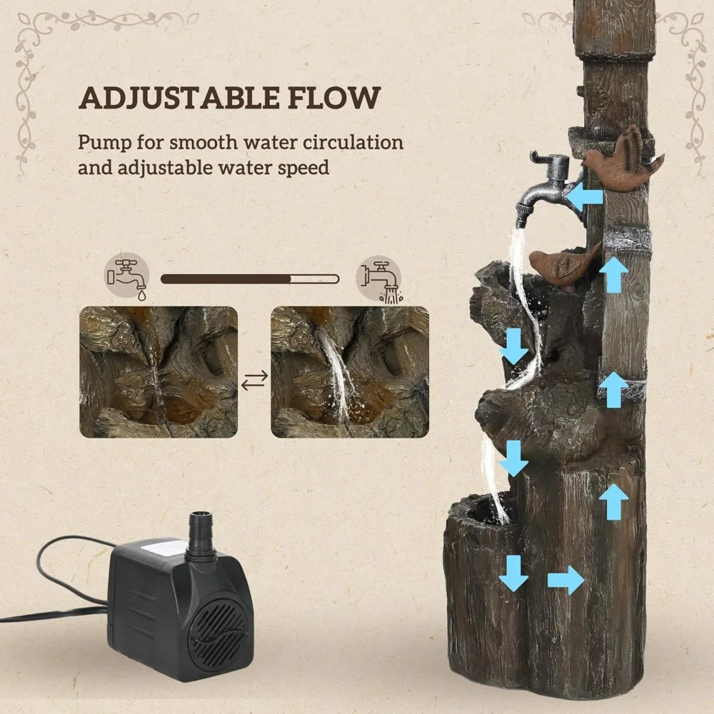 Outdoor Water Fountain, Decorative Garden Birdhouse, 3-Tier Cascading Waterfall with LED Lights and Water Wheel, Soothing Tranq