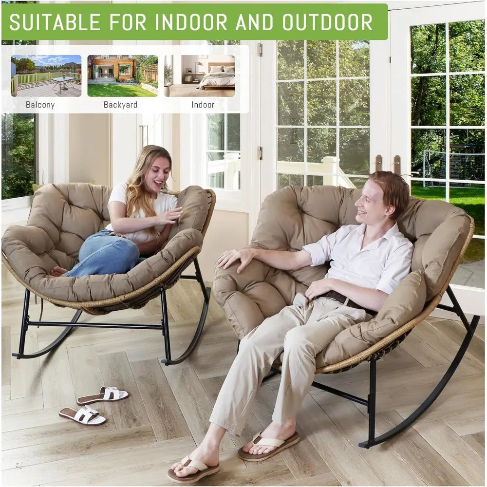 2 pcs Rocking Egg Chair, Indoor Outdoor Oversized Lounge Chair, Wicker Papasan Rocker with Water Resistant Cushion Cover, 450 l