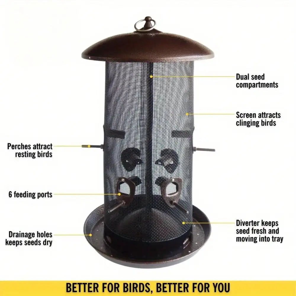 Giant combination screen bird feeder, 10 lb capacity, built-in drain, screw cap design, easy to fill, suitable for bird lovers