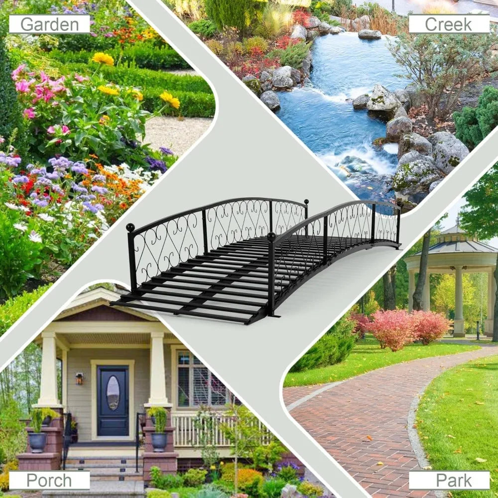 Metal Garden Bridge 8 FT - Durable Decorative Footbridge with Siderails Large Outdoor Bridges