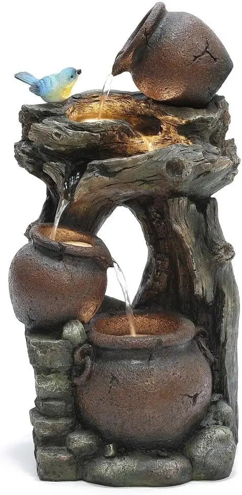 32 Inch Farmhouse Water Fountain Outdoor with Lights, Cascading and Garden Water Feature Decor