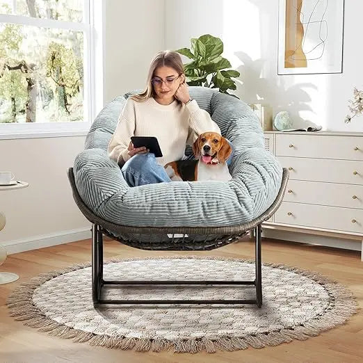 Large Indoor Outdoor Rocking Chair, Oversized Rocking Papasan Chair with Thick Cushion and Frame Outdoor Rocker, Comfy Wicker Eg