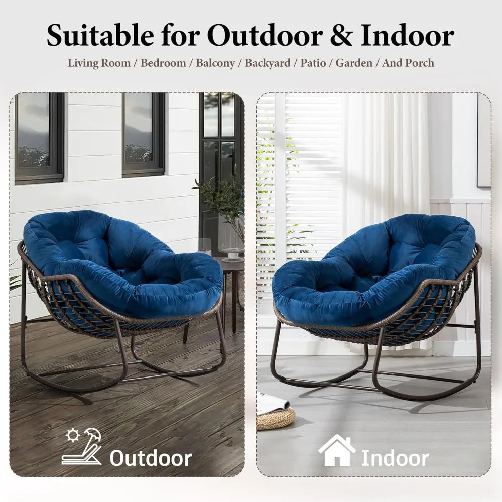Large Indoor Outdoor Rocking Chair, Oversized Rocking Papasan Chair with Thick Cushion and Frame Outdoor Rocker, Comfy Wicker Eg