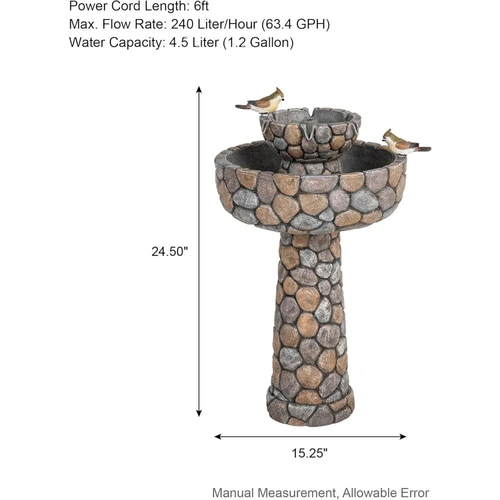 2-Tier Stone Like Outdoor Water Fountain with Birds, Bird Bath Outdoor Waterfall Fountain Decor, Freestanding Water Fountains w