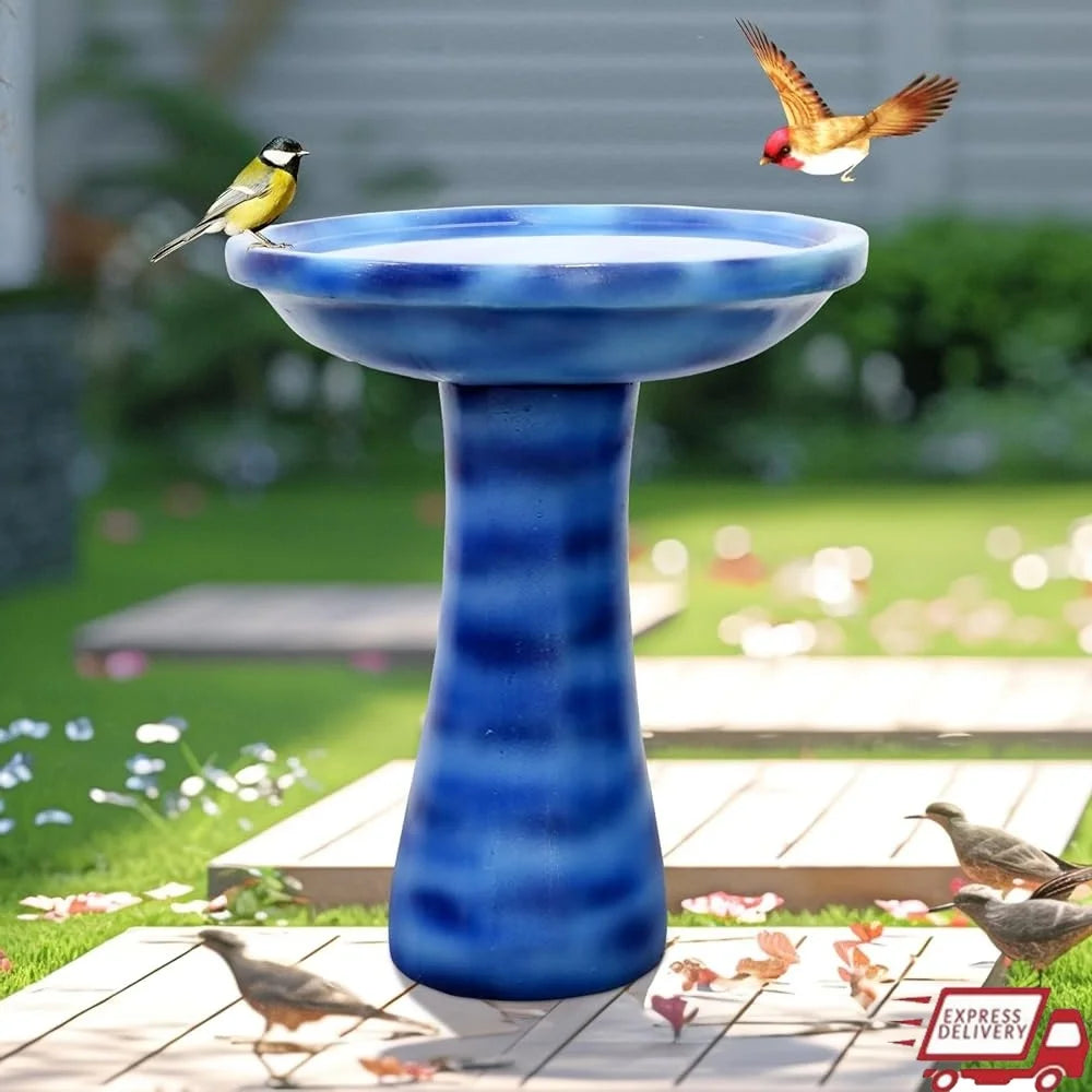 23.6 Inch Concrete Bird Bath Faux Ceramic Finish Outdoor Garden Decor Durable Elegant Design Attracts Birds Weather Resistant