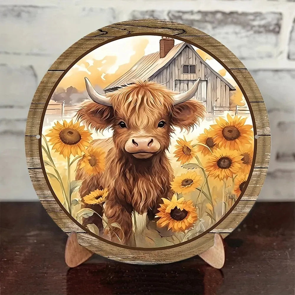Tin Painting - Sunflower and Highland Cattle Round Metal Tin Sign | 8x8 inches 1pc Wreath Decor | Wall Decor & Wreath Enhancer