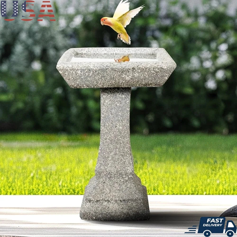 Freestanding Birdbath Outdoor 15In Diameter Concrete Garden Bird Bath Feeder Bowl Pedestal Durable Weather Resistant Easy