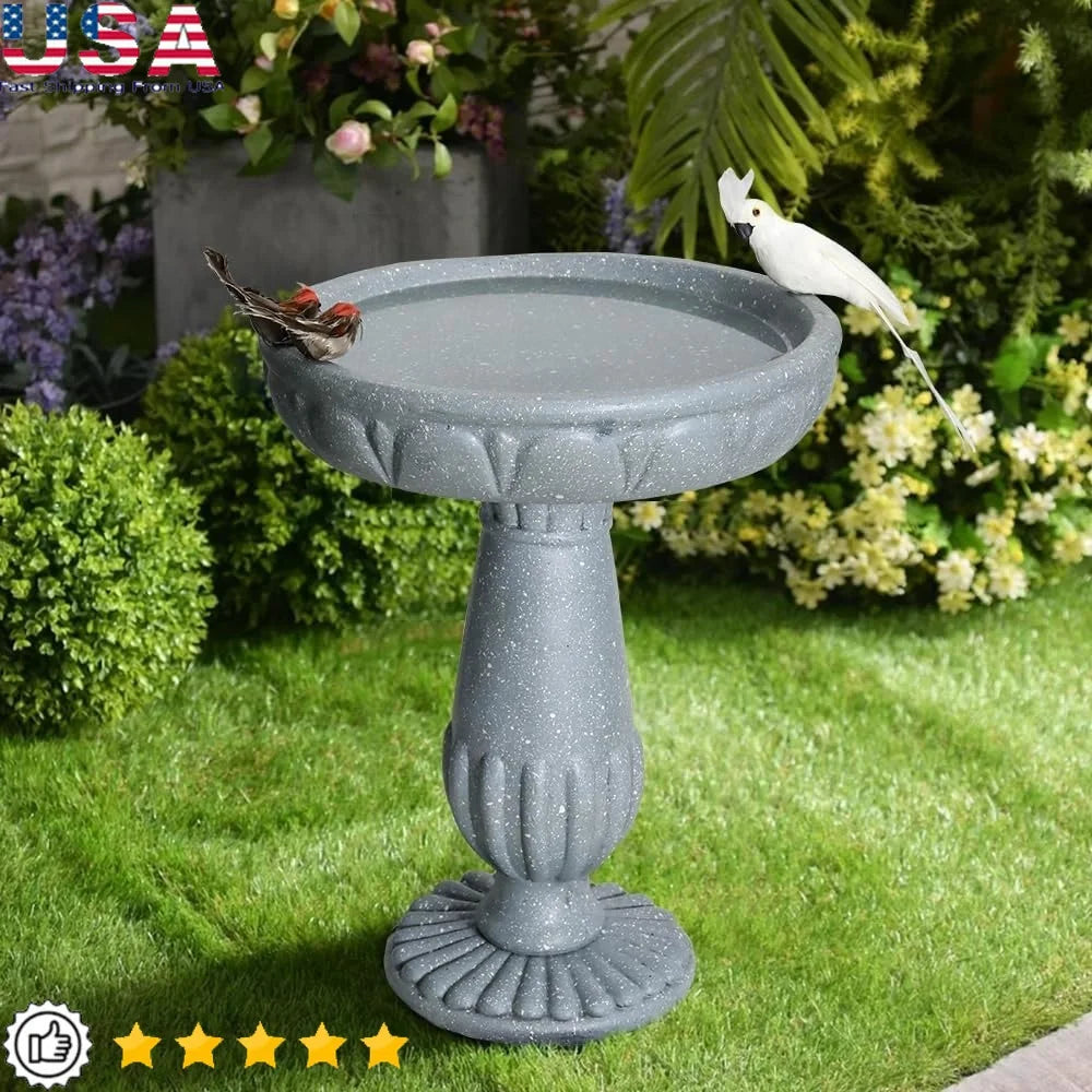 Outdoor Pedestal Bird Bath 21.2 Inch Durable Fiber Reinforced Concrete Stylish Garden Decor Water Source Birds Backyard Lawn