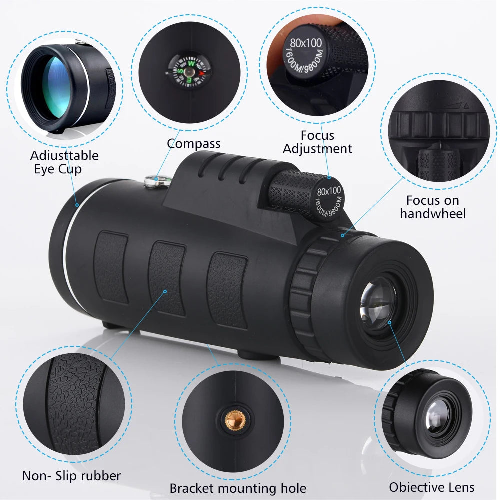 80x100 HD ZOOM Powerful Monocular Telescope Outdoor Portable Long Range Waterproof Camping Telescope with Aluminium Alloy Tripod