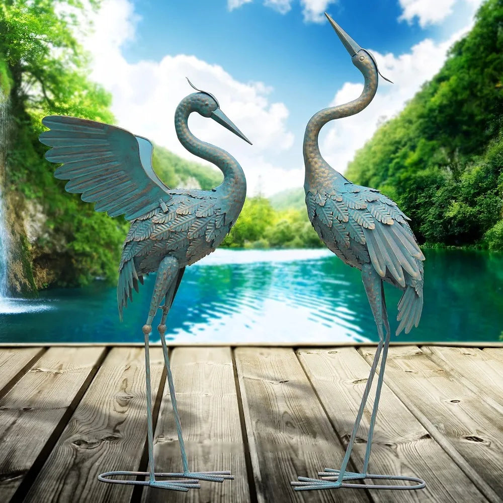 33-37 Inch Metal Crane Garden Statue Décor, Bird Garden Sculpture & Statues, Outdoor Decoration for Yard Patio Lawn Backyard Poo