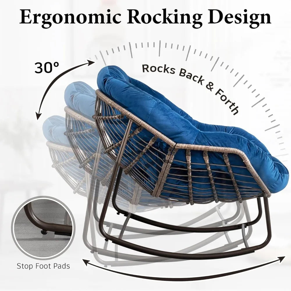 Large Indoor Outdoor Rocking Chair, Oversized Rocking Papasan Chair with Thick Cushion and Frame Outdoor Rocker, Comfy Wicker Eg