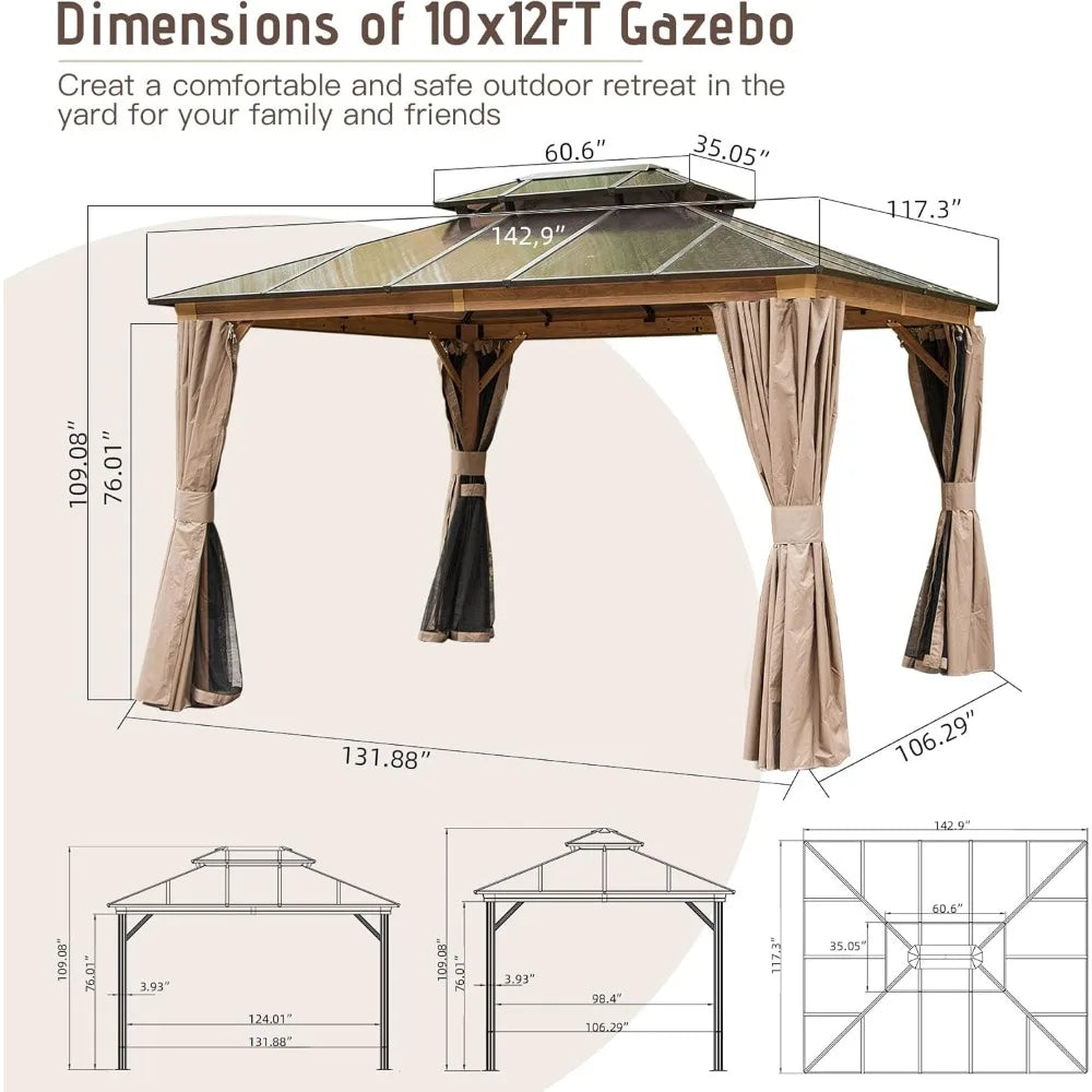 Domi Outdoor Living 10’ x 12’ Hardtop Gazebo, Wooden Coated Aluminum Frame Canopy with Polycarbonate Double Roof, Outdoor Perman