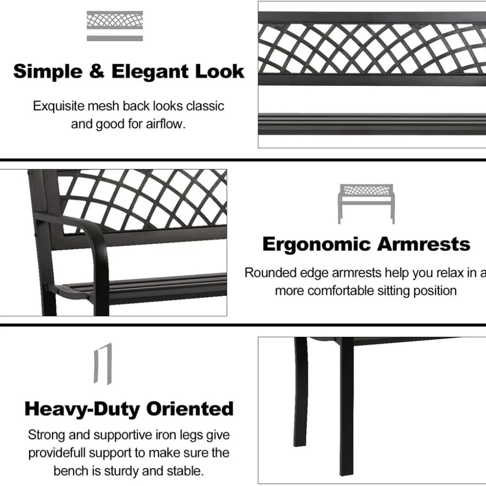 Outdoor Metal Patio Bench Porch Park Bench Cast Iron Sturdy Steel Garden Bench