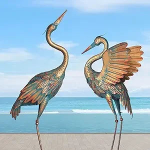 33-37 Inch Metal Crane Garden Statue Décor, Bird Garden Sculpture & Statues, Outdoor Decoration for Yard Patio Lawn Backyard Poo