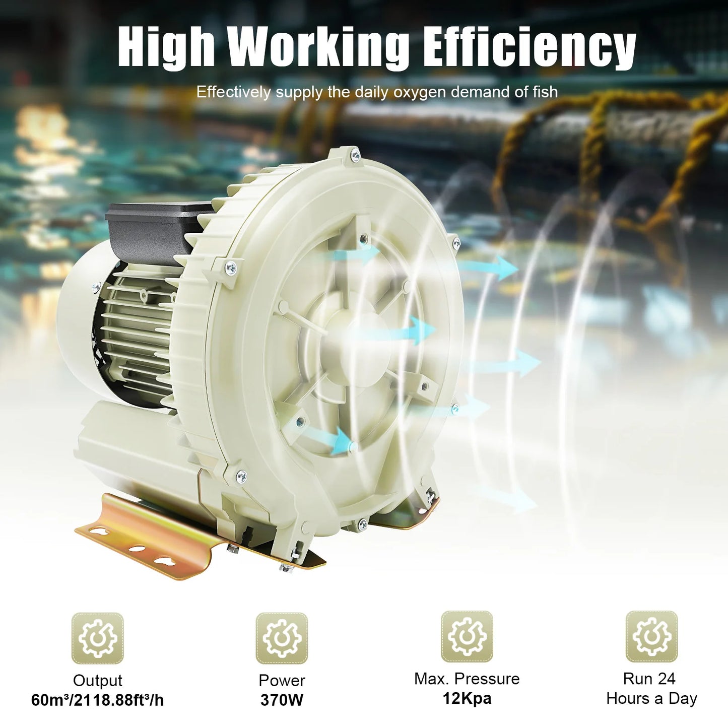 Vortex Air Blower Vortex Fan Oxygen Supply Air Pump Turbine Aquarium Fish High Pressure Blower Fan Oxygen Aerator 110V 370W