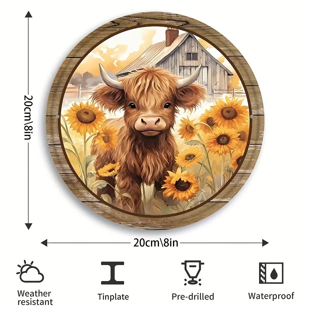 Tin Painting - Sunflower and Highland Cattle Round Metal Tin Sign | 8x8 inches 1pc Wreath Decor | Wall Decor & Wreath Enhancer
