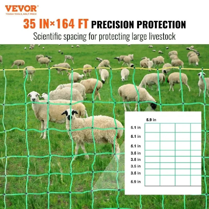 VEVOR Electric Fence Netting, 35" H x 164' L, PE Net Fencing with Posts & Double-Spiked Stakes, Utility Portable Mesh for Goats,