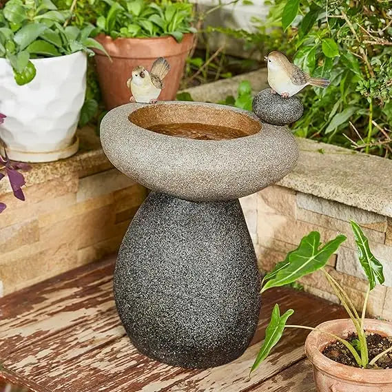 2-Tier Stone Like Outdoor Water Fountain with Birds, Bird Bath Outdoor Waterfall Fountain Decor, Freestanding Water Fountains w