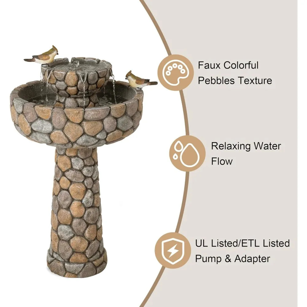 2-Tier Stone Like Outdoor Water Fountain with Birds, Bird Bath Outdoor Waterfall Fountain Decor, Freestanding Water Fountains w