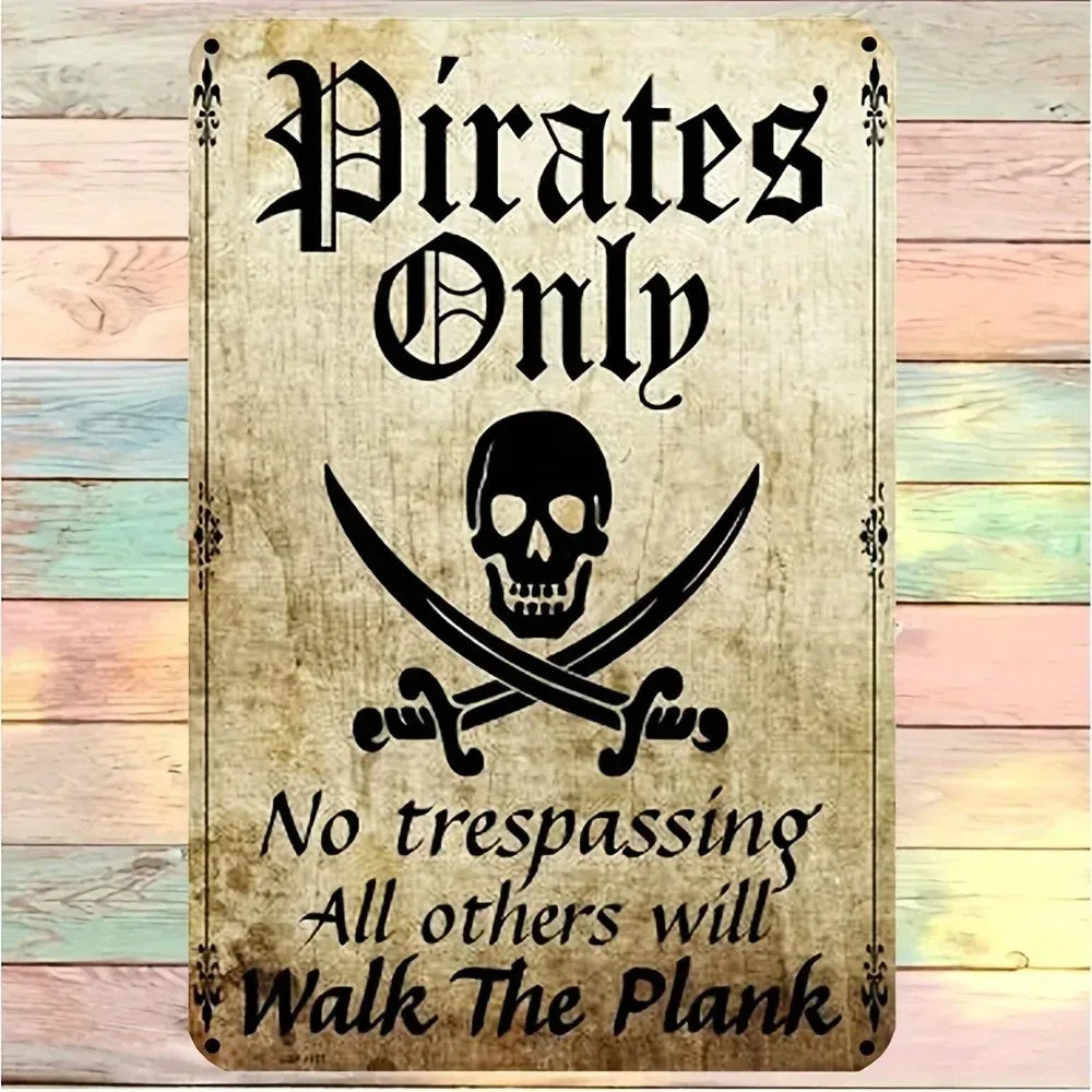 PIRATEDECORCZ Pirate W-Warning Metal Sign - Durable Tin Decor, Ideal Gift for Gardens, Bars & Pirate-Themed Spaces