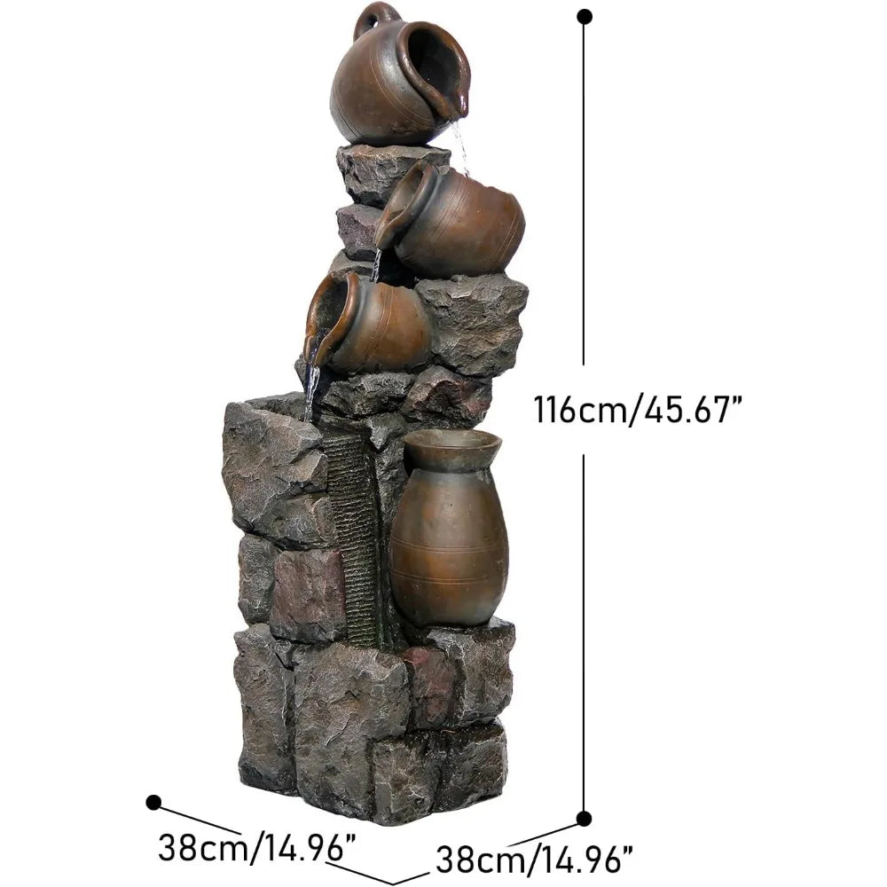 45.67''H Water Fountain Outdoor with Planter Pot 5 Tiers Cascading Waterfall Garden Fountains Indoor LED Lights Water Feature De