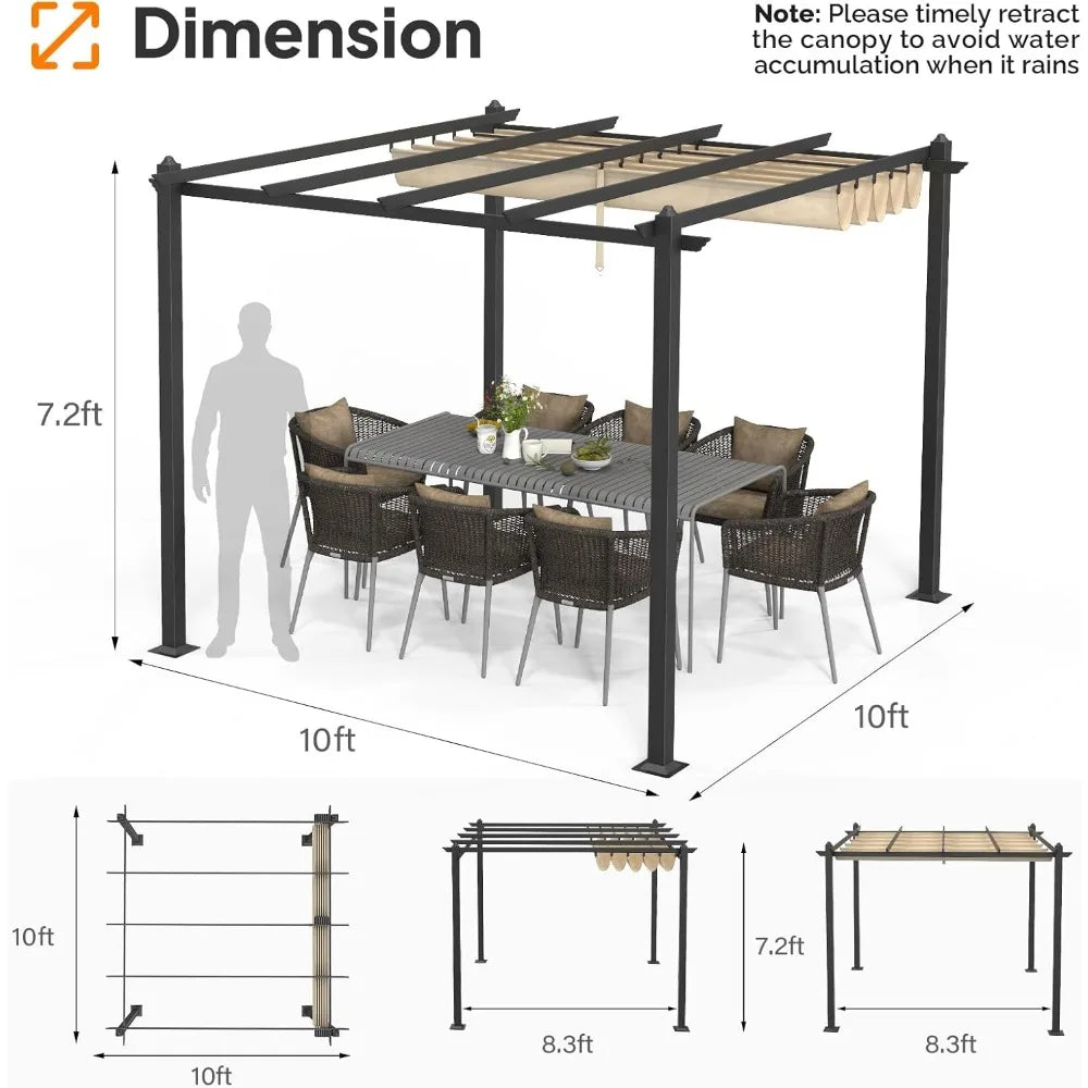 10’x 10' Outdoor Pergola Retractable Aluminum Pergola Canopy with Adjustable Roof, Patio Pergola for Deck, Porch, Garden, Yard
