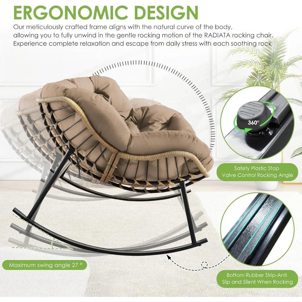 2 pcs Rocking Egg Chair, Indoor Outdoor Oversized Lounge Chair, Wicker Papasan Rocker with Water Resistant Cushion Cover, 450 l